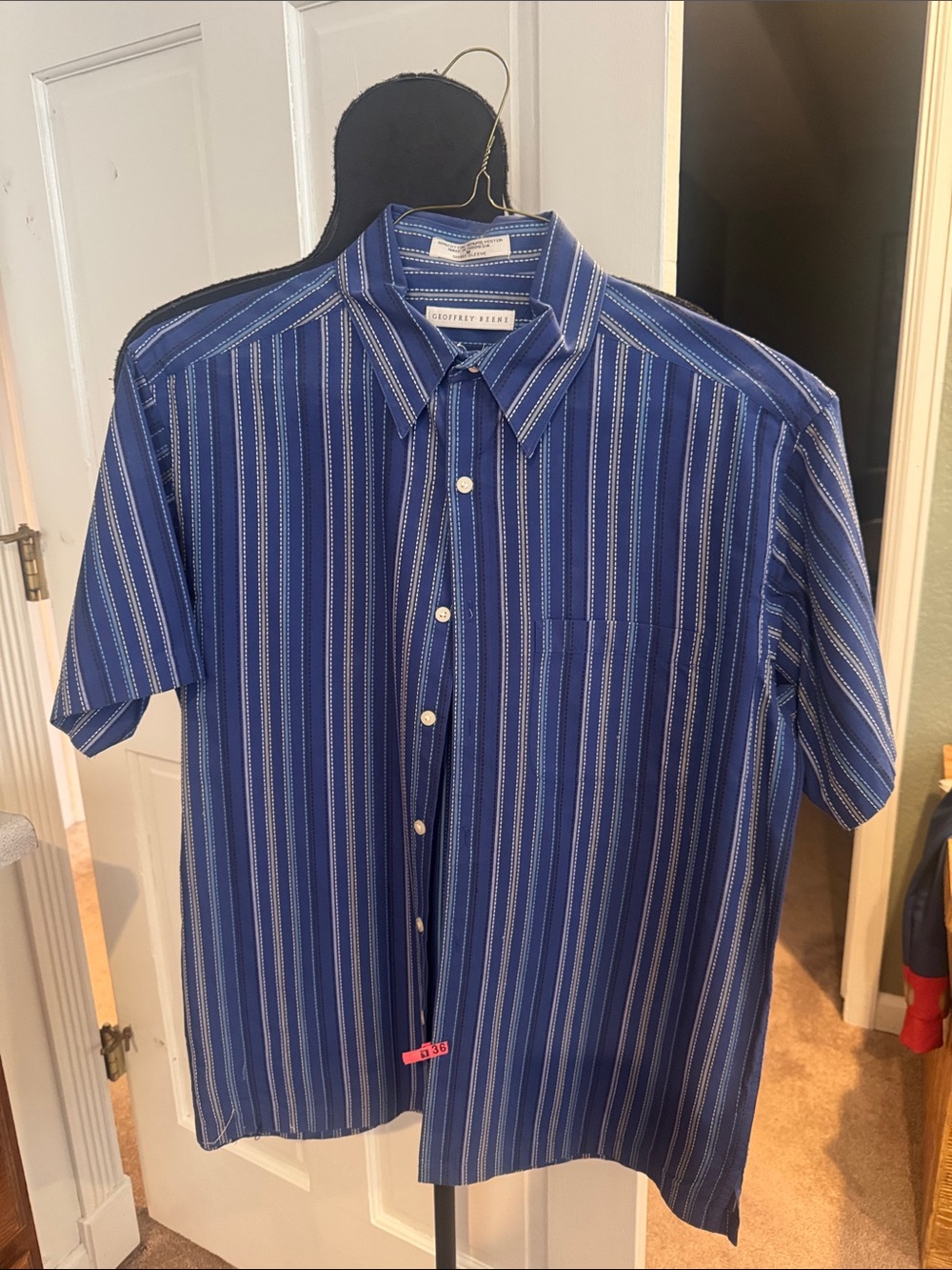 Geoffrey Beene Navy and White Vertical Stripe Short-Sleeve Button-Down Shirt